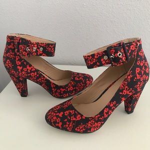 Red/Navy Ankle Strap Floral Pumps